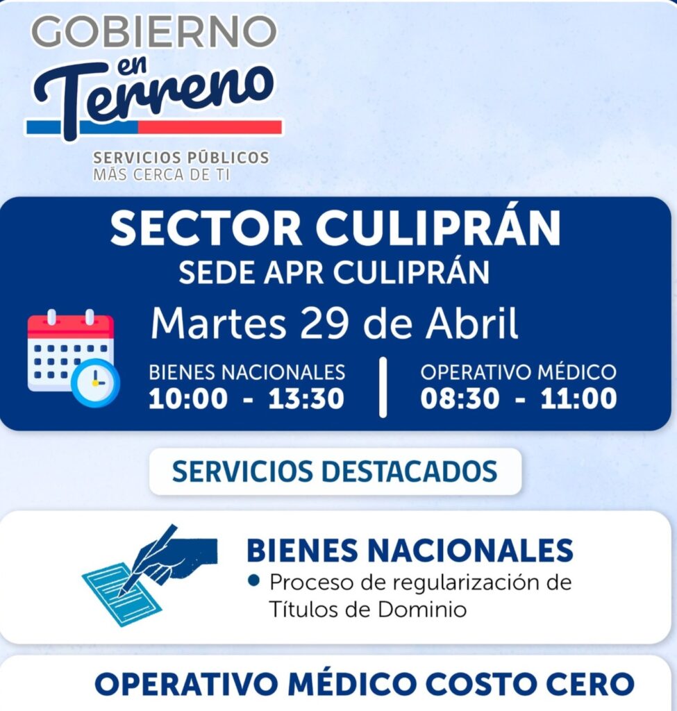 Operativo especial de Gobierno en Terreno y Bienes Nacionales este martes en Culiprán