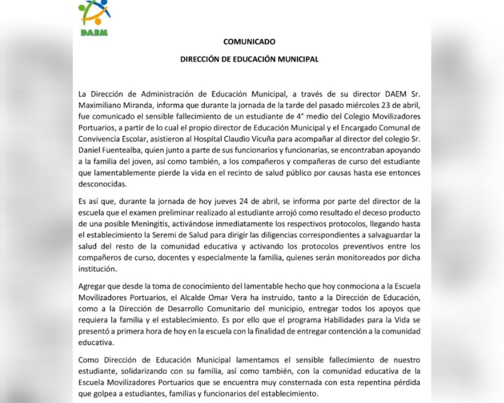 Suspendieron las clases en dos colegios de San Antonio por muerte de joven por meningitis bacteriana contagiosa