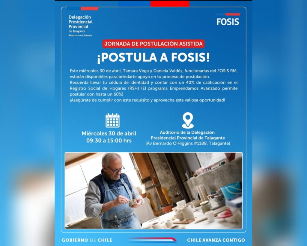 Equipo técnico del Fosis atenderá hasta las 15 horas en la delegación Presidencial de Talagante a las organizaciones que deseen postular a sus fondos