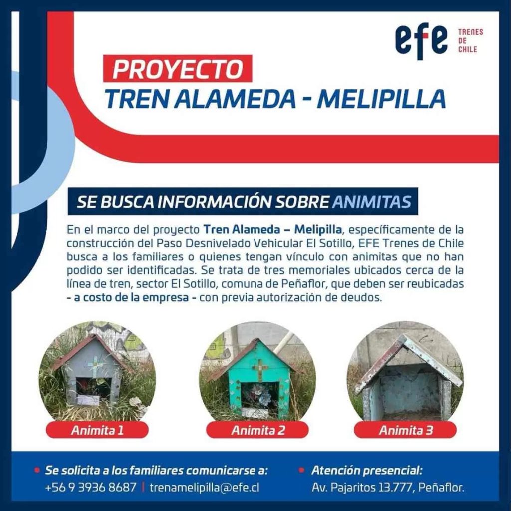 EFE Trenes busca a familiares de animitas que deben ser reubicadas por obras del Tren Alameda–Melipilla