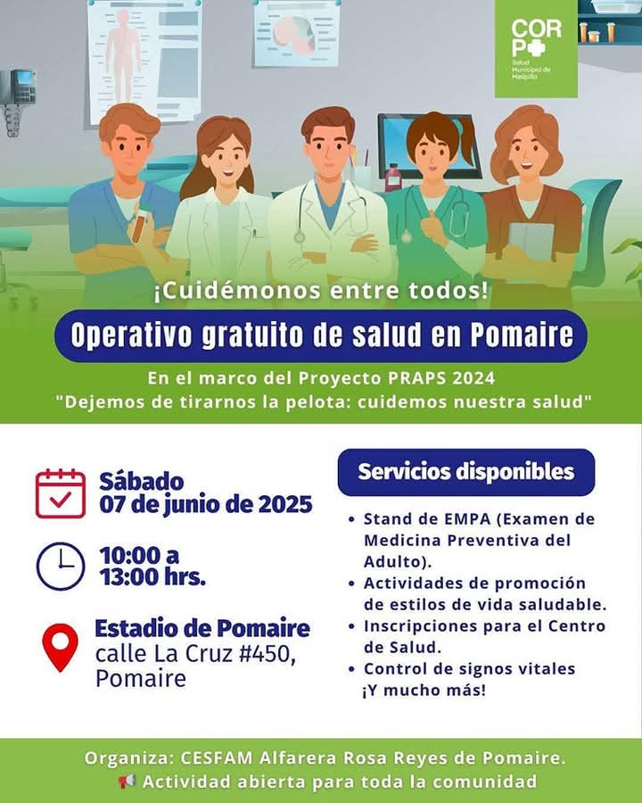 Operativo de salud gratuito en Pomaire este sábado 7 de junio