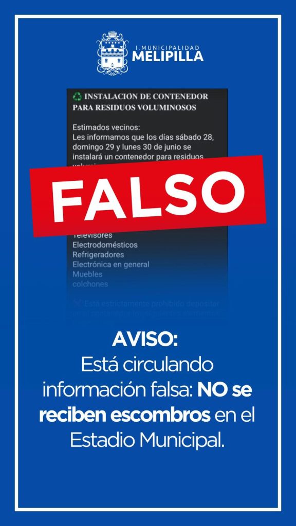 Municipalidad de Melipilla advierte falsa información sobre operativo de retiro de voluminosos en Estadio Municipal