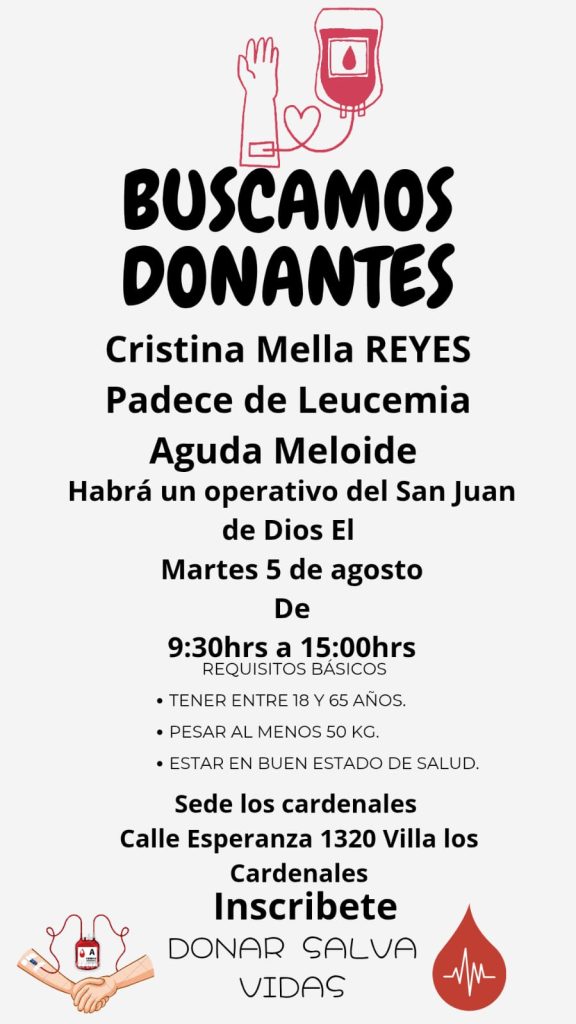 Este próximo martes 5 de agosto se realizará un operativo de donación de sangre a beneficio de una vecina melipillana