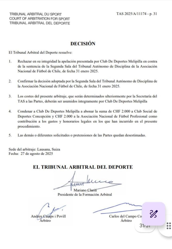 El TAS rechaza apelación de Deportes Melipilla