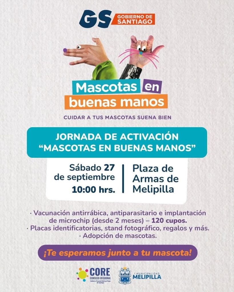 Jornada gratuita “Mascotas en Buenas Manos” se realizará este sábado en la Plaza de Armas de Melipilla